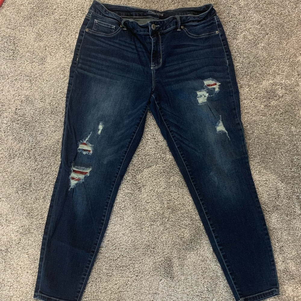 Maurices XL Jeggings with plaid patches.